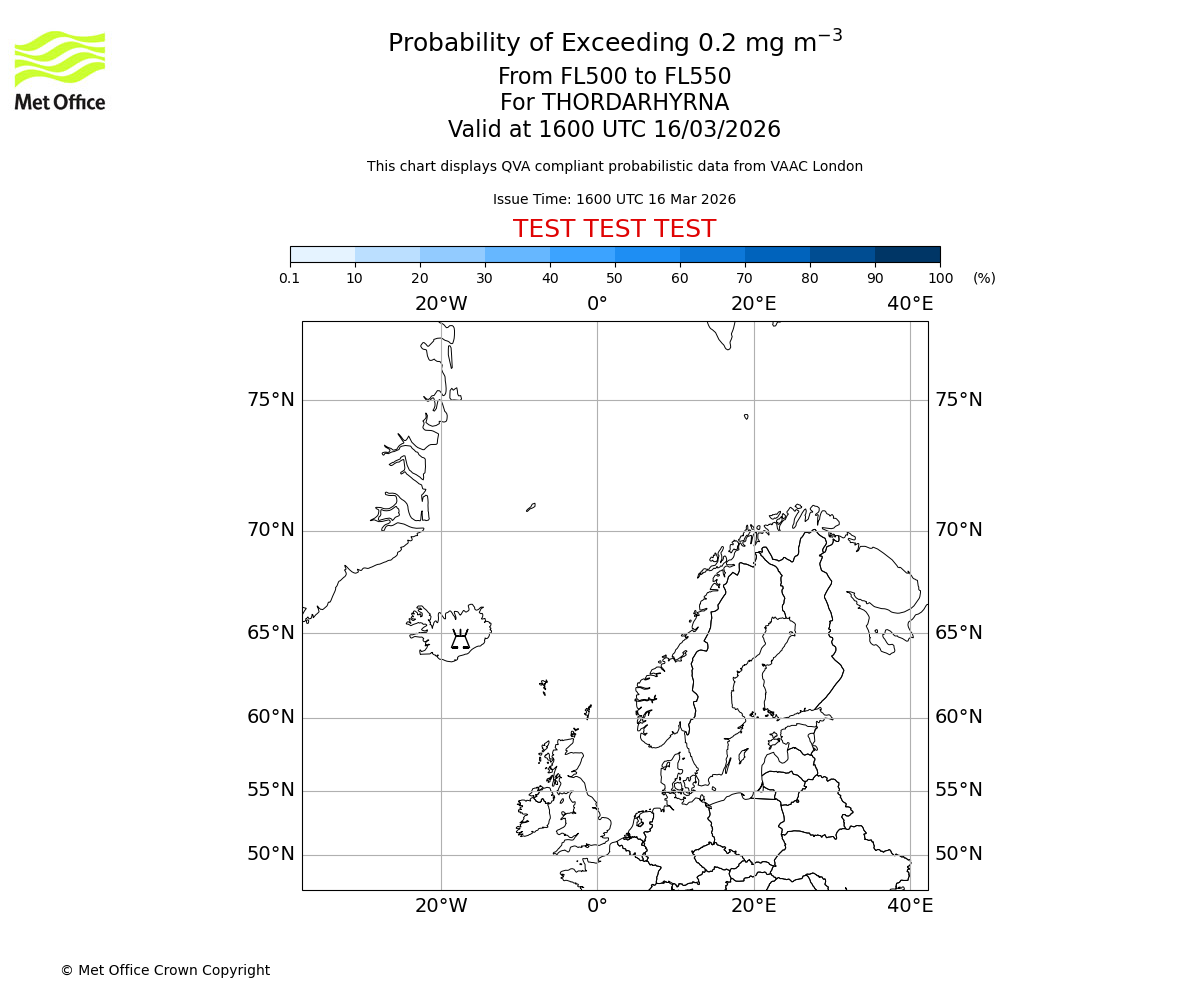 Probability of exceeding 0.2 milligrams per metre cubed. From 500 to 550 for THORDARHYRNA. Valid at 1600 UTC 16/03/2026