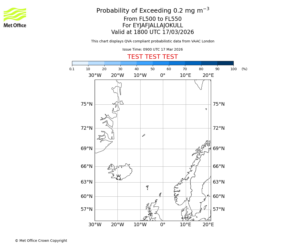 Probability of exceeding 0.2 milligrams per metre cubed. From 500 to 550 for EYJAFJALLAJOKULL. Valid at 1800 UTC 17/03/2026