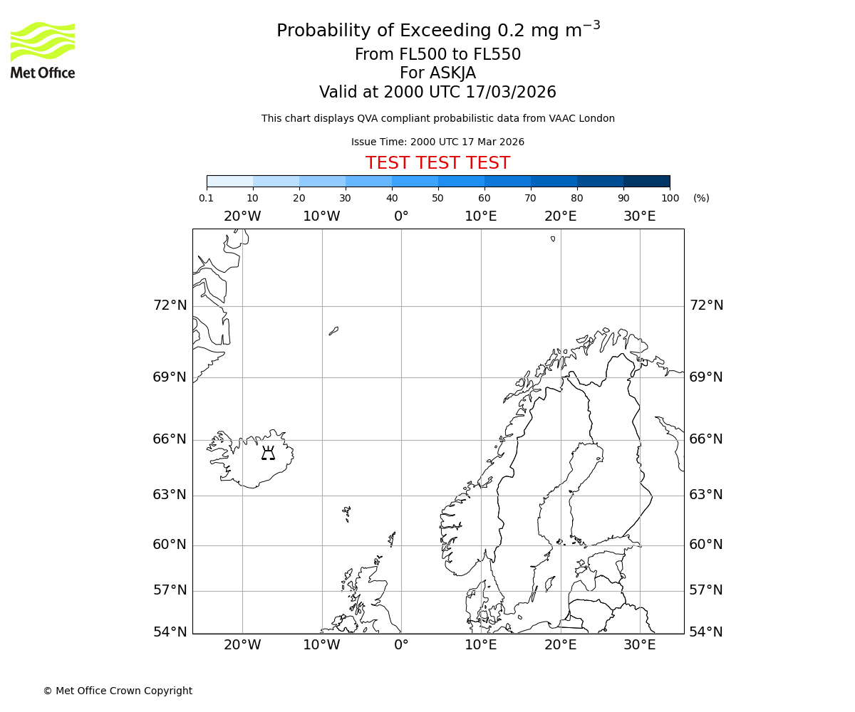 Probability of exceeding 0.2 milligrams per metre cubed. From 500 to 550 for ASKJA. Valid at 2000 UTC 17/03/2026