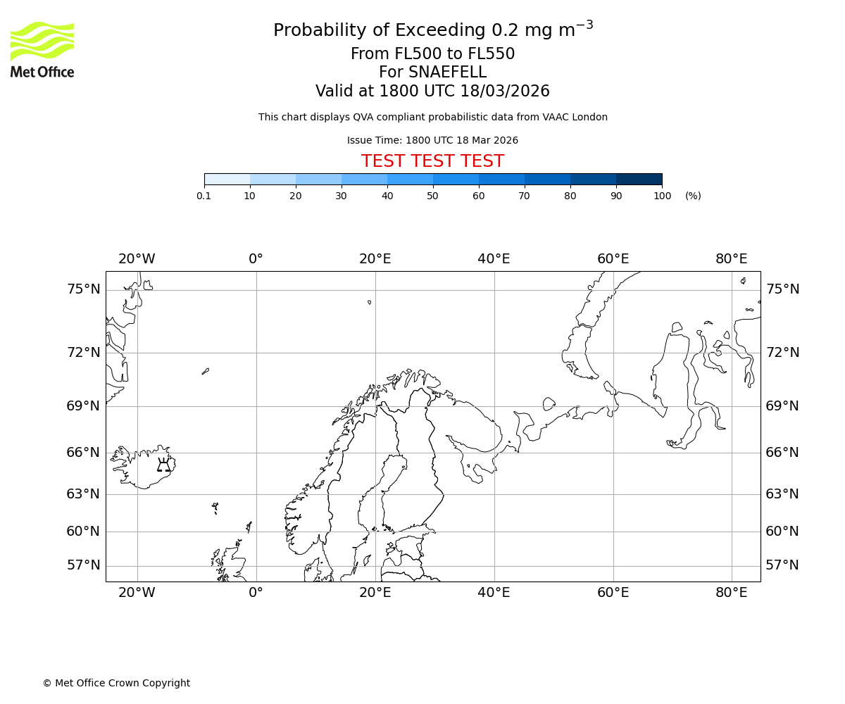 Probability of exceeding 0.2 milligrams per metre cubed. From 500 to 550 for SNAEFELL. Valid at 1800 UTC 18/03/2026