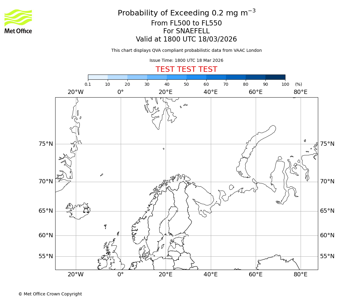 Probability of exceeding 0.2 milligrams per metre cubed. From 500 to 550 for SNAEFELL. Valid at 1800 UTC 18/03/2026