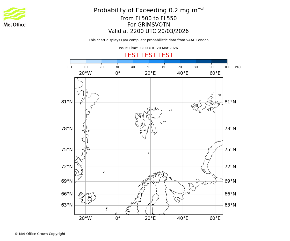 Probability of exceeding 0.2 milligrams per metre cubed. From 500 to 550 for GRIMSVOTN. Valid at 2200 UTC 20/03/2026