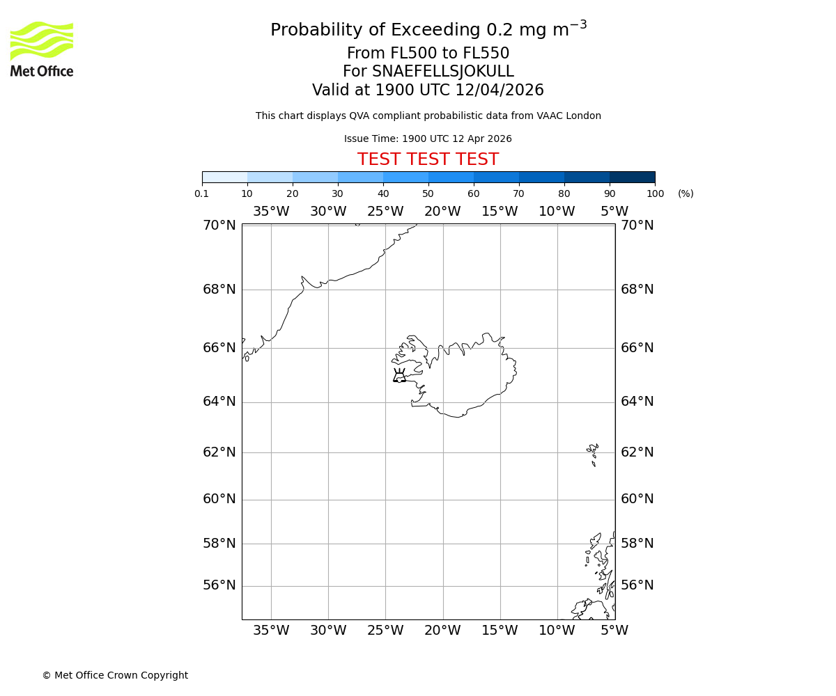 Probability of exceeding 0.2 milligrams per metre cubed. From 500 to 550 for SNAEFELLSJOKULL. Valid at 1900 UTC 12/04/2026