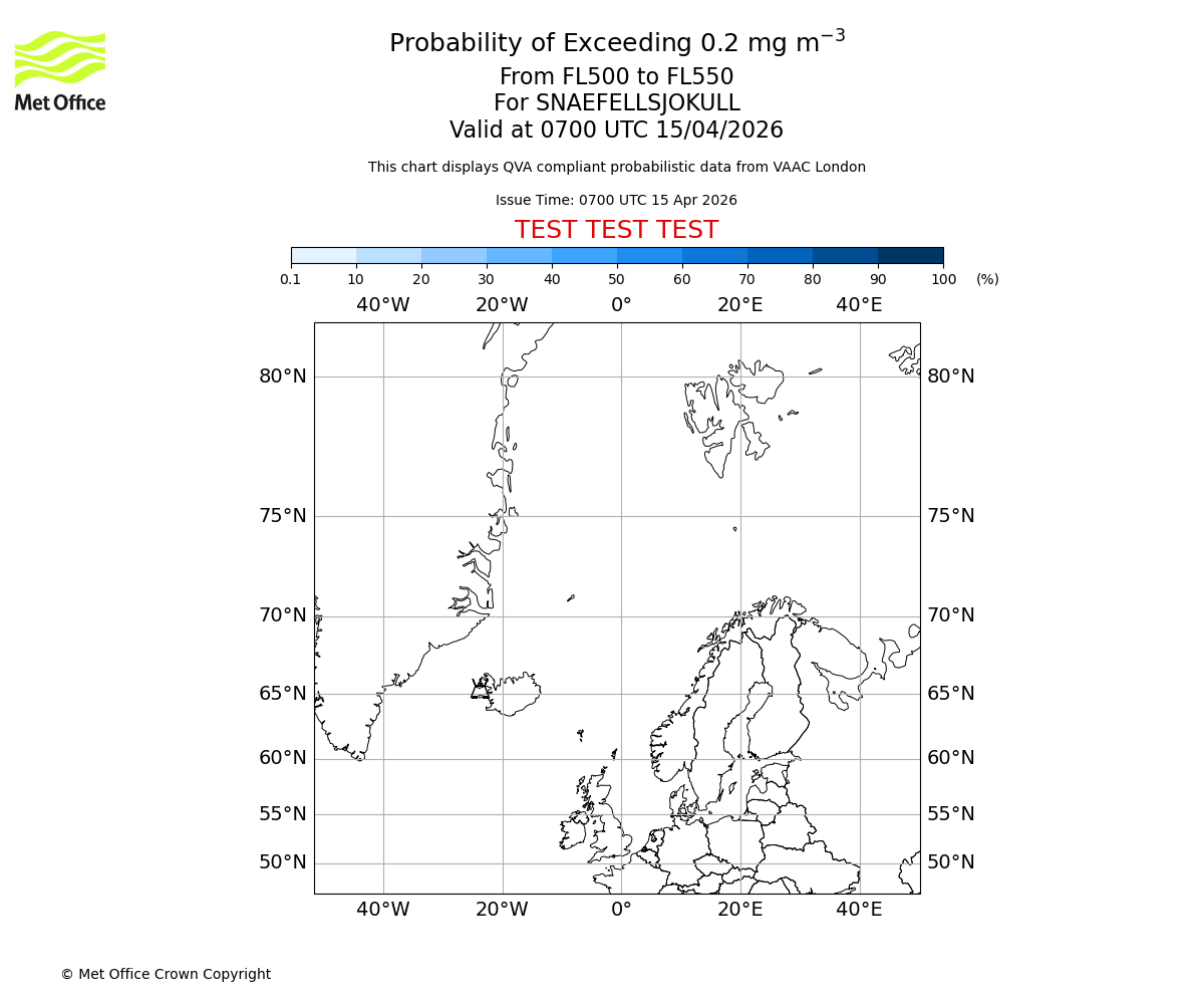 Probability of exceeding 0.2 milligrams per metre cubed. From 500 to 550 for SNAEFELLSJOKULL. Valid at 0700 UTC 15/04/2026