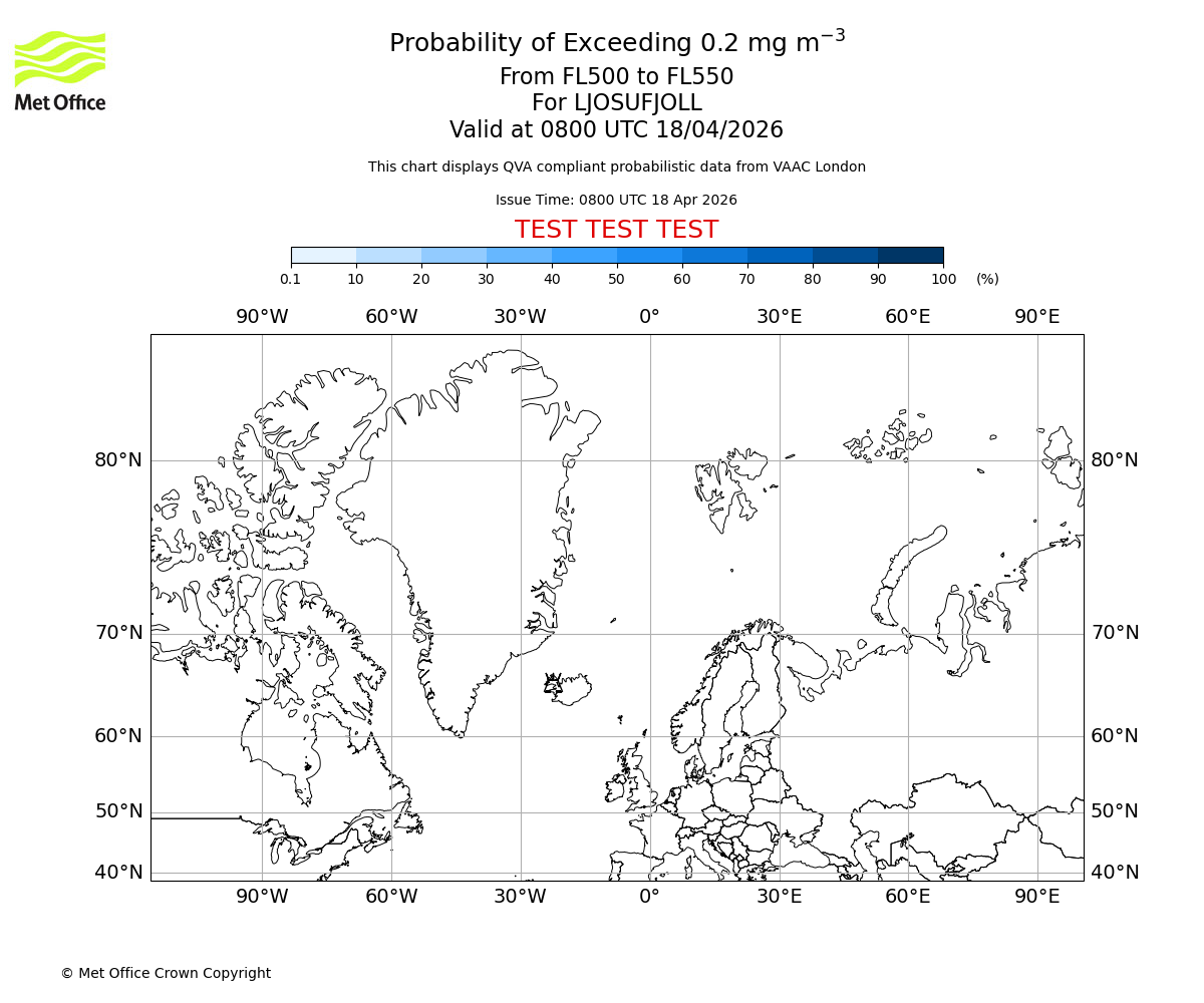 Probability of exceeding 0.2 milligrams per metre cubed. From 500 to 550 for LJOSUFJOLL. Valid at 0800 UTC 18/04/2026