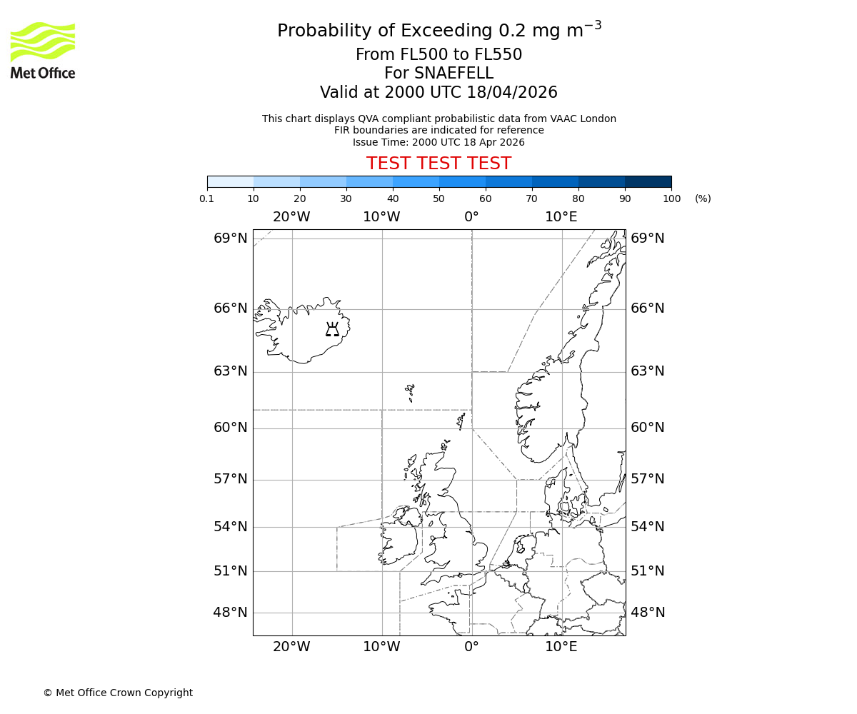 Probability of exceeding 0.2 milligrams per metre cubed. From 500 to 550 for SNAEFELL. Valid at 2000 UTC 18/04/2026