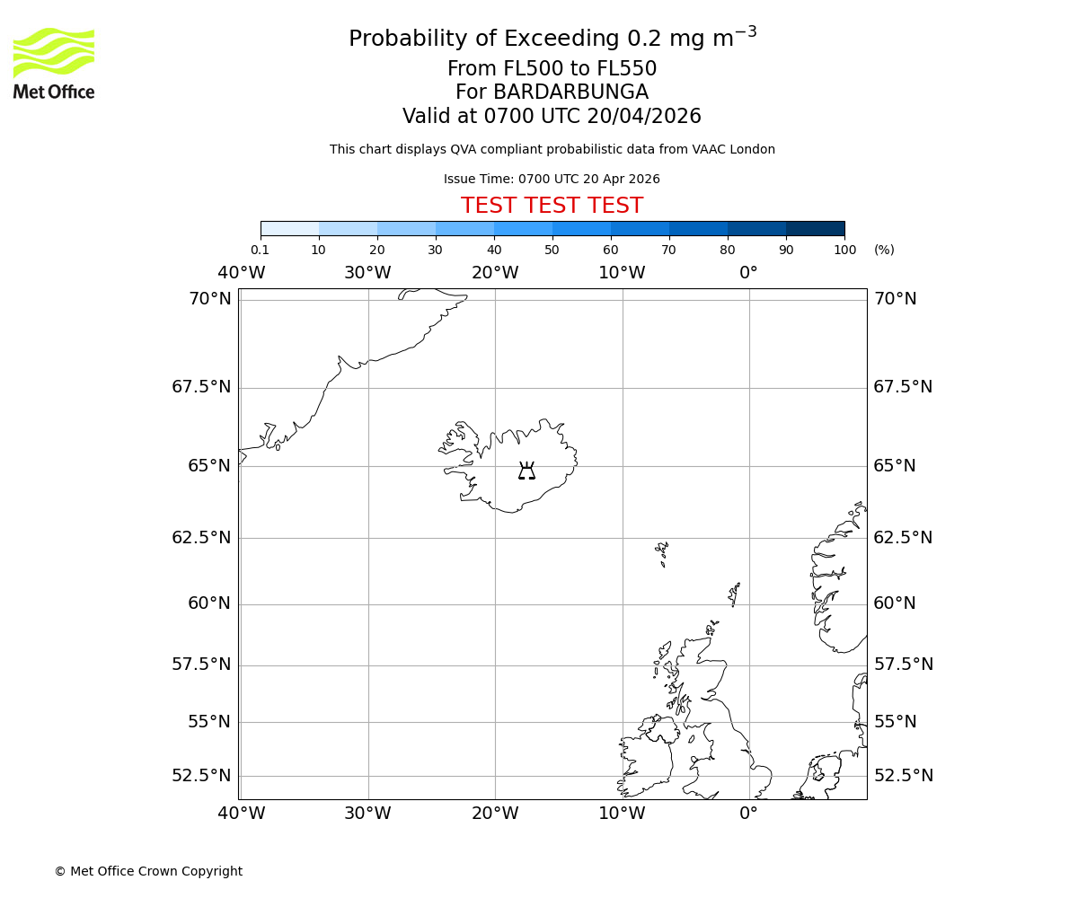 Probability of exceeding 0.2 milligrams per metre cubed. From 500 to 550 for BARDARBUNGA. Valid at 0700 UTC 20/04/2026
