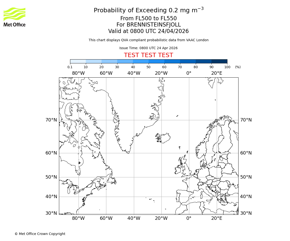 Probability of exceeding 0.2 milligrams per metre cubed. From 500 to 550 for BRENNISTEINSFJOLL. Valid at 0800 UTC 24/04/2026