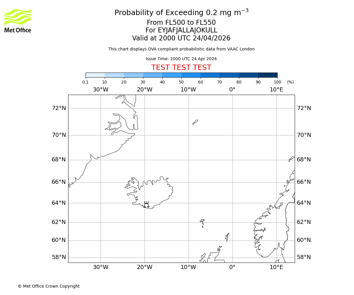 Probability of exceeding 0.2 milligrams per metre cubed. From 500 to 550 for EYJAFJALLAJOKULL. Valid at 2000 UTC 24/04/2026