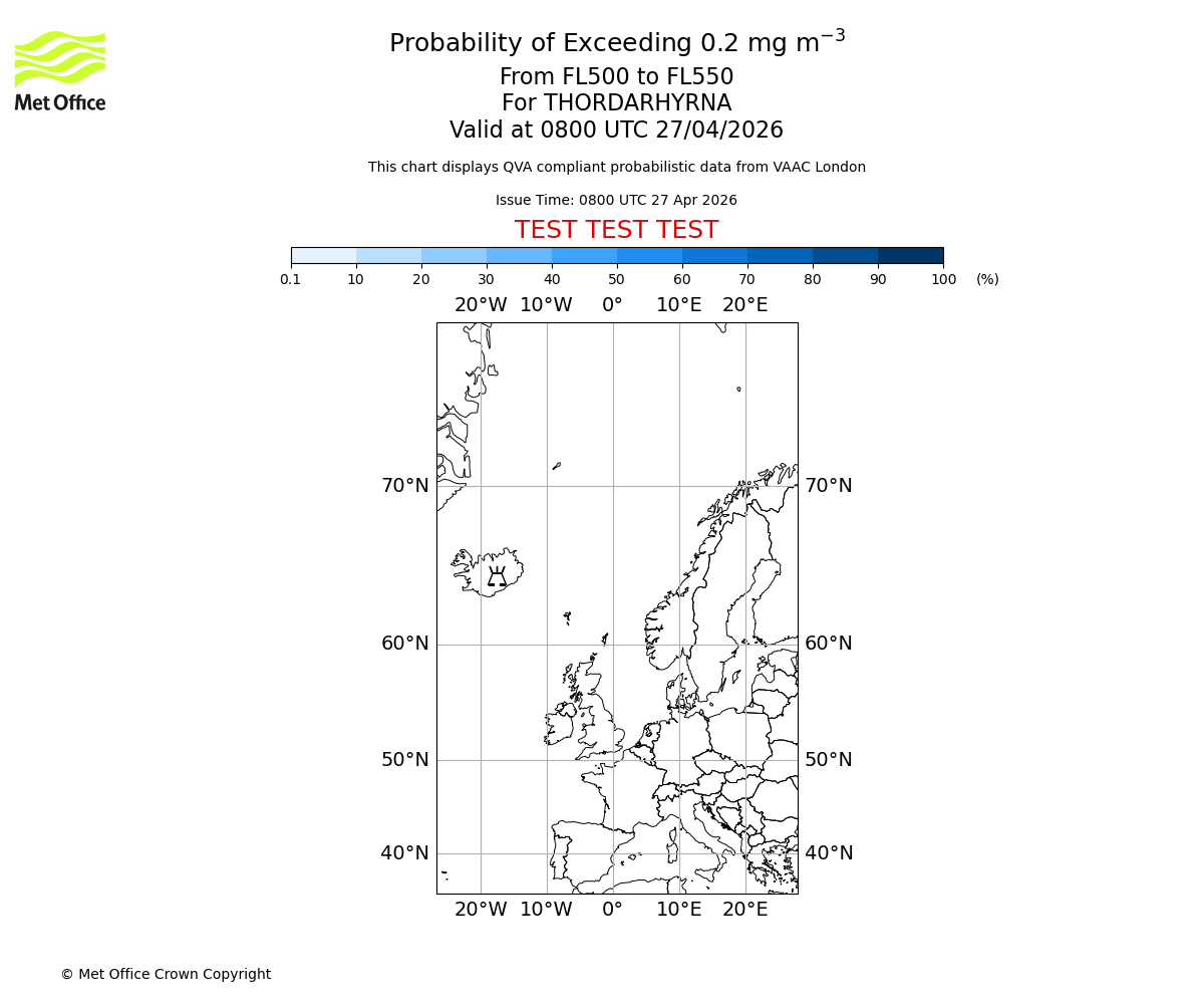 Probability of exceeding 0.2 milligrams per metre cubed. From 500 to 550 for THORDARHYRNA. Valid at 0800 UTC 27/04/2026
