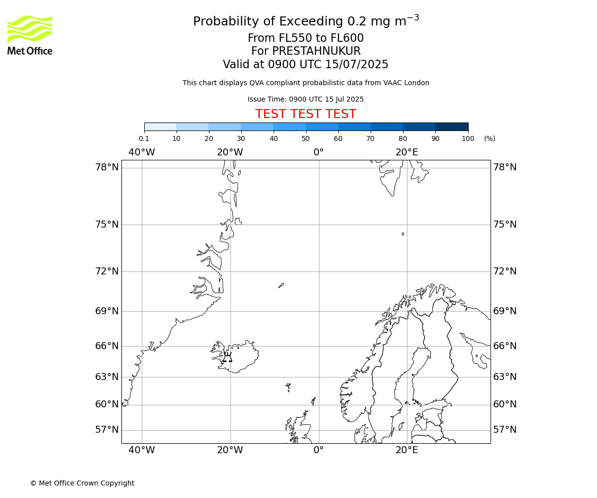 Probability of exceeding 0.2 milligrams per metre cubed. From 550 to 600 for PRESTAHNUKUR. Valid at 0900 UTC 15/07/2025