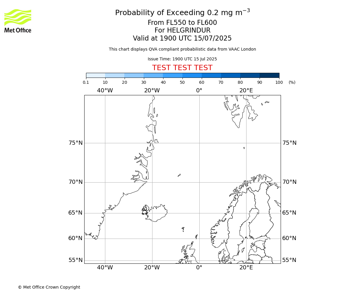 Probability of exceeding 0.2 milligrams per metre cubed. From 550 to 600 for HELGRINDUR. Valid at 1900 UTC 15/07/2025