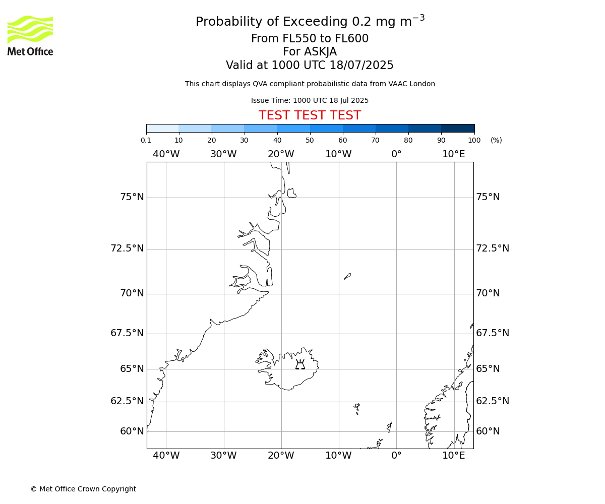 Probability of exceeding 0.2 milligrams per metre cubed. From 550 to 600 for ASKJA. Valid at 1000 UTC 18/07/2025