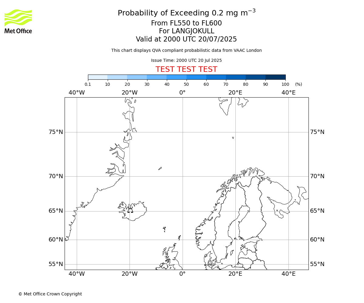 Probability of exceeding 0.2 milligrams per metre cubed. From 550 to 600 for LANGJOKULL. Valid at 2000 UTC 20/07/2025