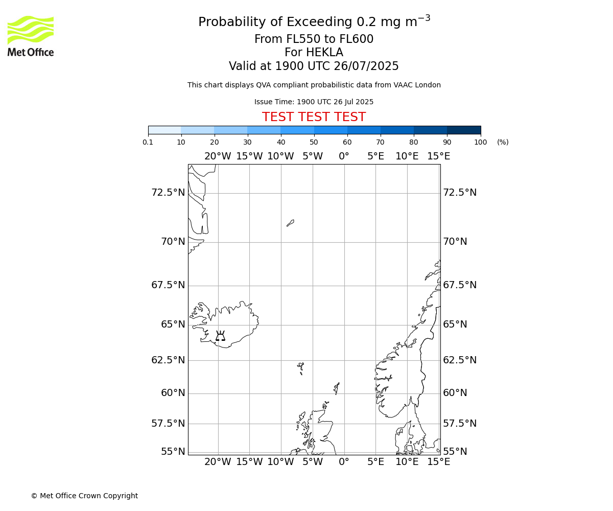 Probability of exceeding 0.2 milligrams per metre cubed. From 550 to 600 for HEKLA. Valid at 1900 UTC 26/07/2025