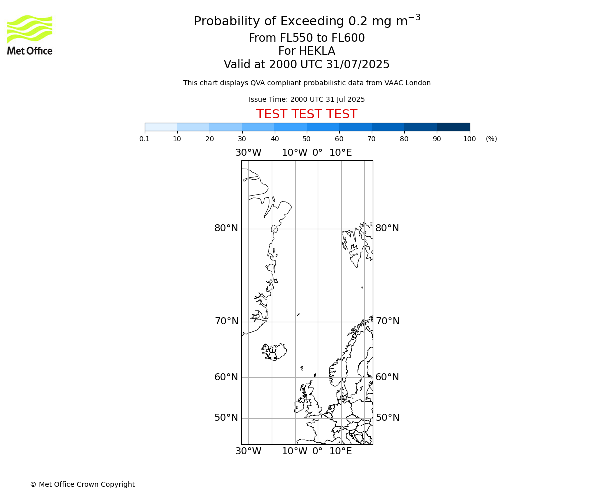 Probability of exceeding 0.2 milligrams per metre cubed. From 550 to 600 for HEKLA. Valid at 2000 UTC 31/07/2025