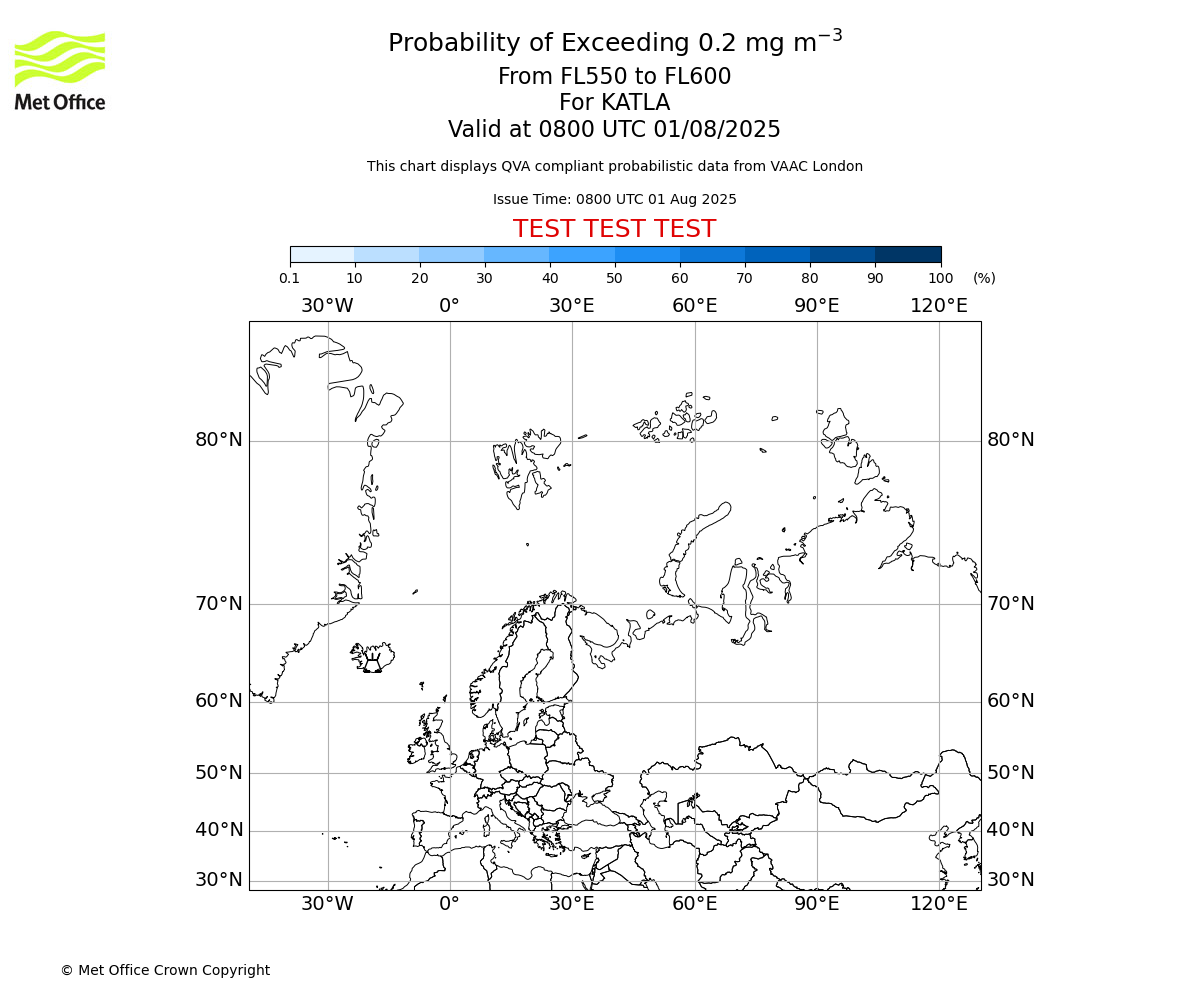 Probability of exceeding 0.2 milligrams per metre cubed. From 550 to 600 for KATLA. Valid at 0800 UTC 01/08/2025