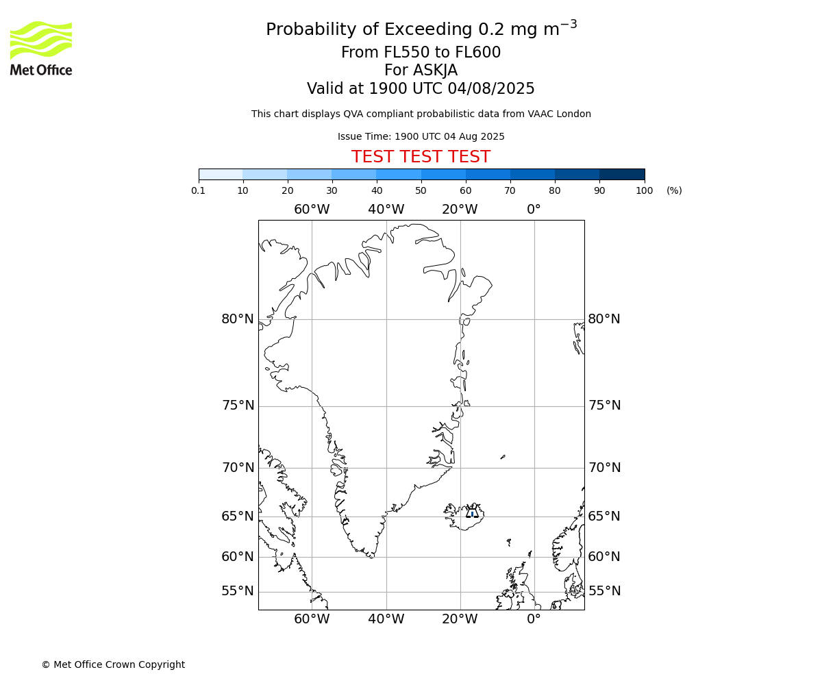 Probability of exceeding 0.2 milligrams per metre cubed. From 550 to 600 for ASKJA. Valid at 1900 UTC 04/08/2025