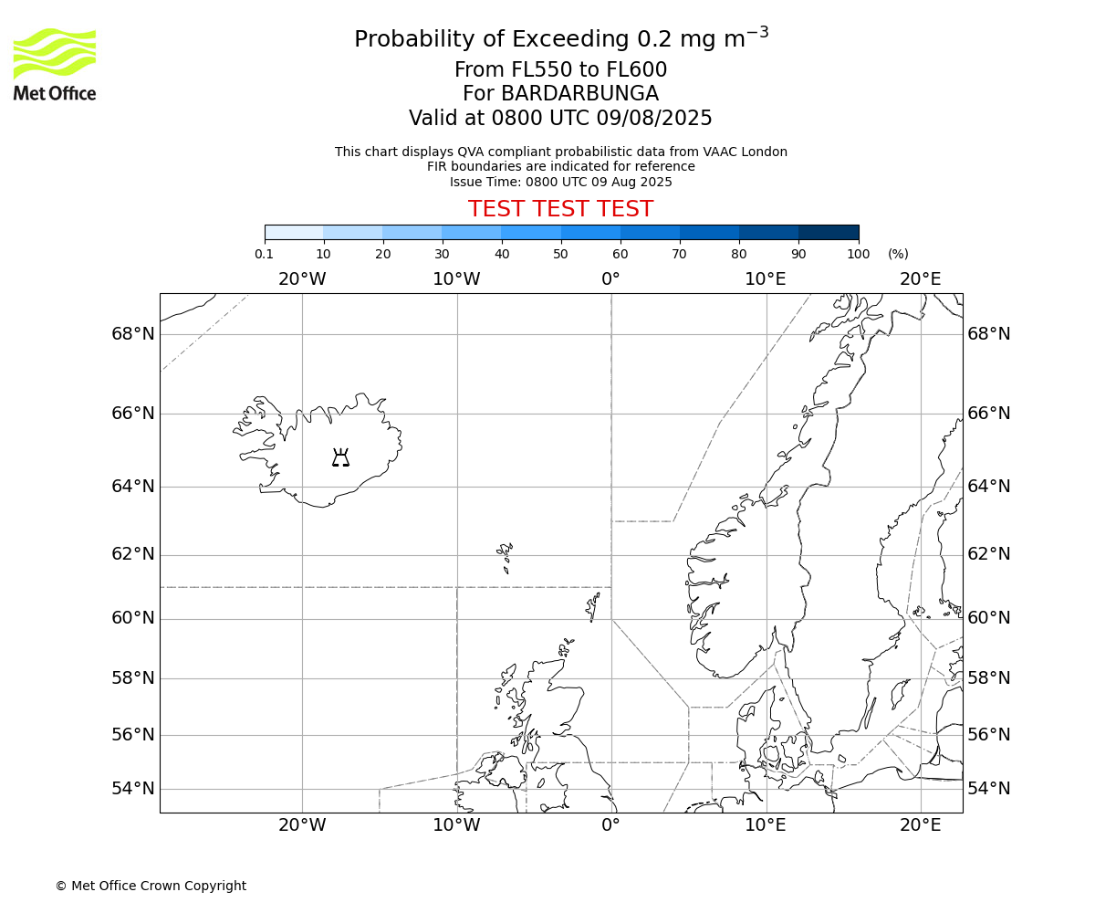 Probability of exceeding 0.2 milligrams per metre cubed. From 550 to 600 for BARDARBUNGA. Valid at 0800 UTC 09/08/2025
