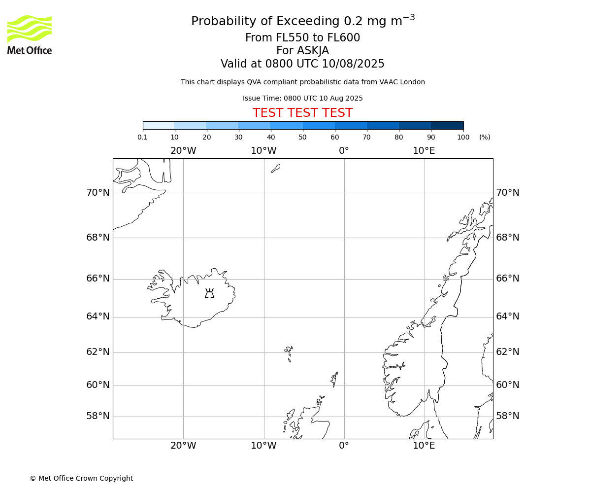 Probability of exceeding 0.2 milligrams per metre cubed. From 550 to 600 for ASKJA. Valid at 0800 UTC 10/08/2025