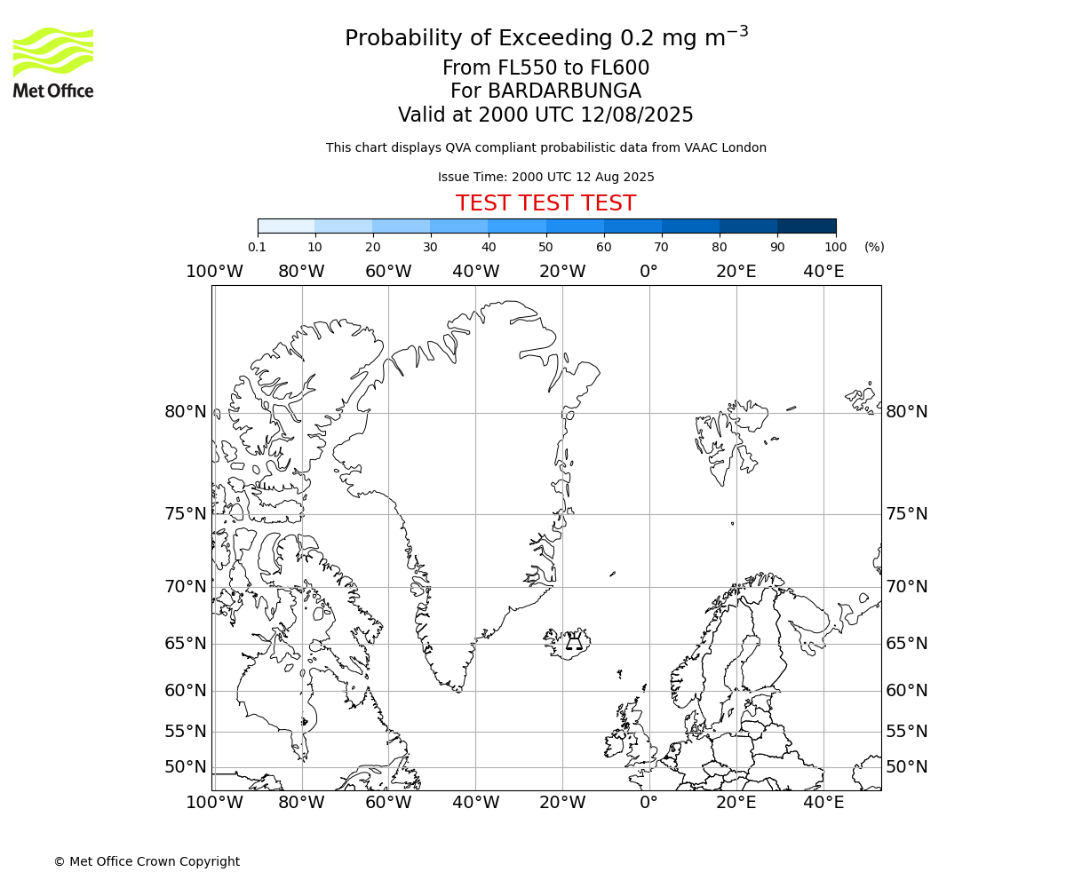 Probability of exceeding 0.2 milligrams per metre cubed. From 550 to 600 for BARDARBUNGA. Valid at 2000 UTC 12/08/2025