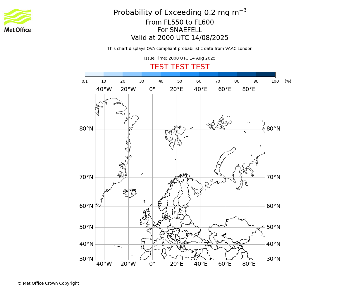 Probability of exceeding 0.2 milligrams per metre cubed. From 550 to 600 for SNAEFELL. Valid at 2000 UTC 14/08/2025
