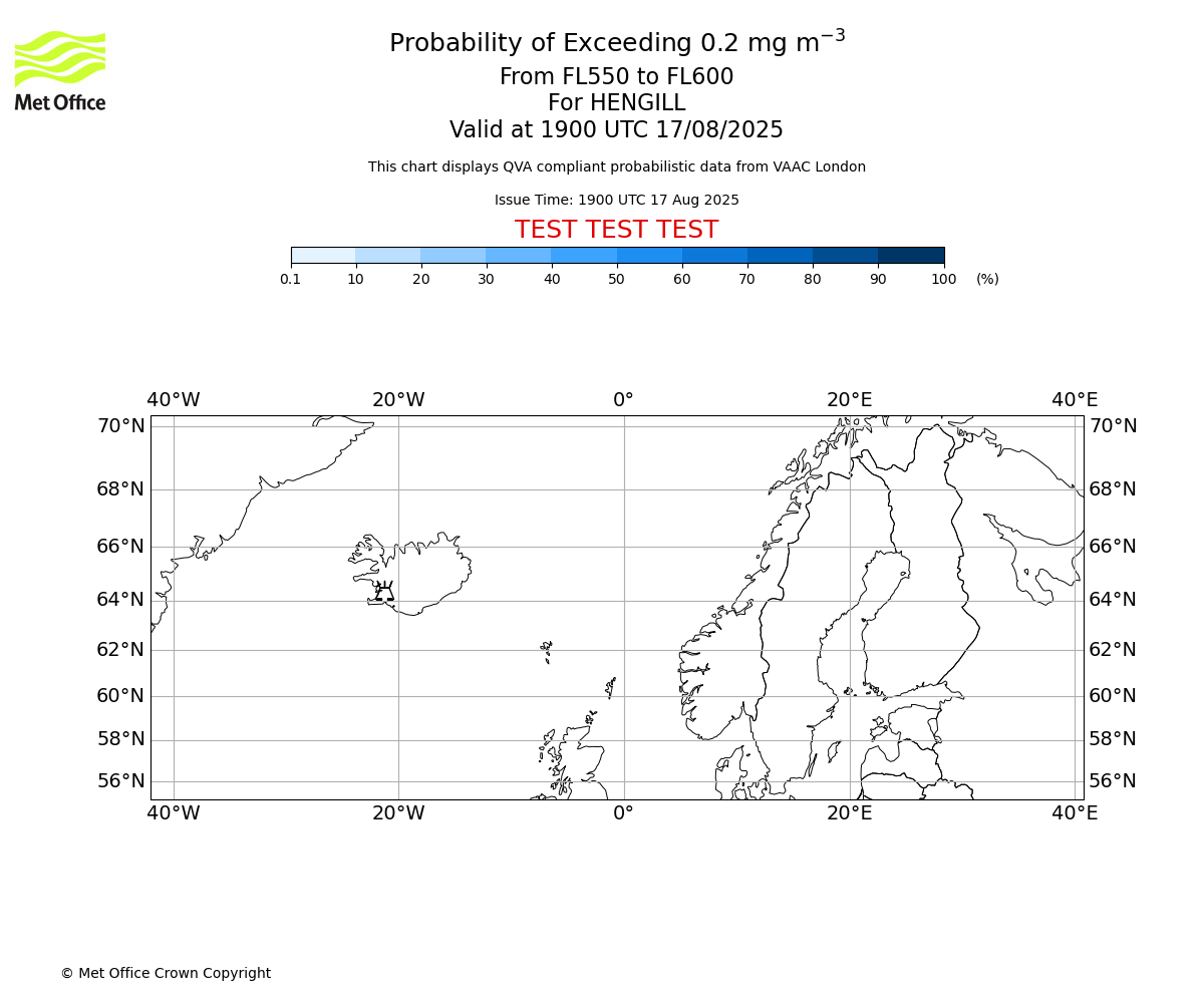 Probability of exceeding 0.2 milligrams per metre cubed. From 550 to 600 for HENGILL. Valid at 1900 UTC 17/08/2025