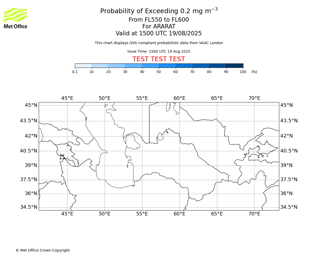 Probability of exceeding 0.2 milligrams per metre cubed. From 550 to 600 for ARARAT. Valid at 1500 UTC 19/08/2025