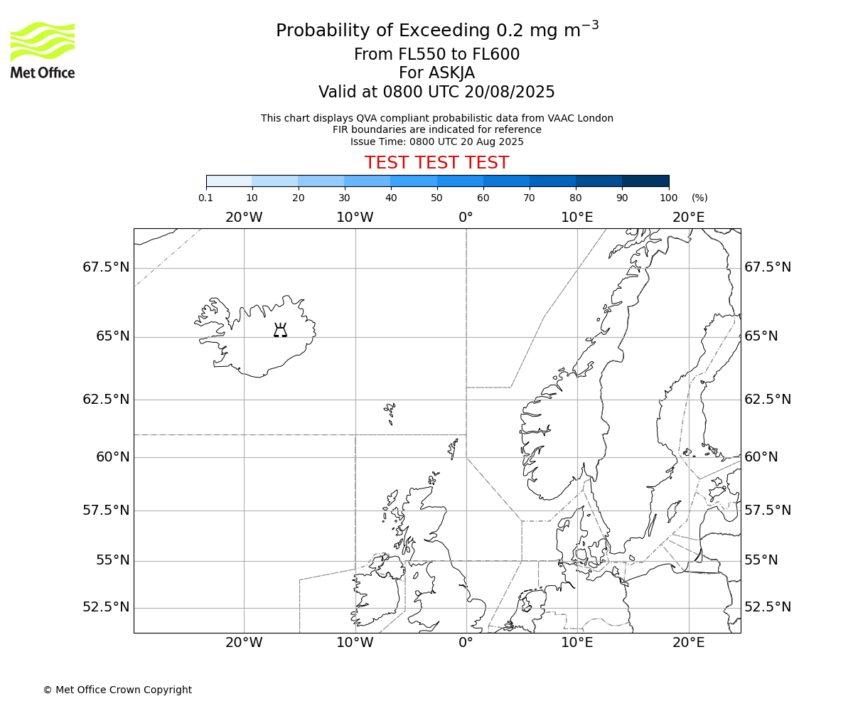 Probability of exceeding 0.2 milligrams per metre cubed. From 550 to 600 for ASKJA. Valid at 0800 UTC 20/08/2025