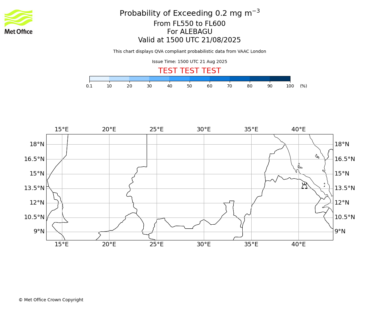 Probability of exceeding 0.2 milligrams per metre cubed. From 550 to 600 for ALEBAGU. Valid at 1500 UTC 21/08/2025