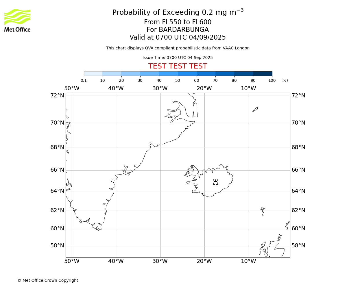 Probability of exceeding 0.2 milligrams per metre cubed. From 550 to 600 for BARDARBUNGA. Valid at 0700 UTC 04/09/2025