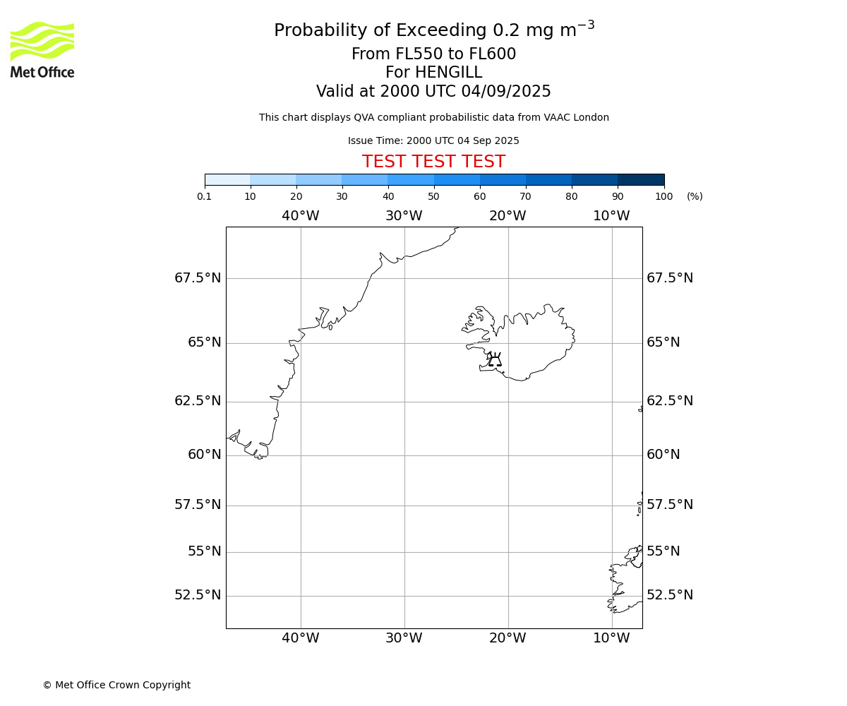 Probability of exceeding 0.2 milligrams per metre cubed. From 550 to 600 for HENGILL. Valid at 2000 UTC 04/09/2025