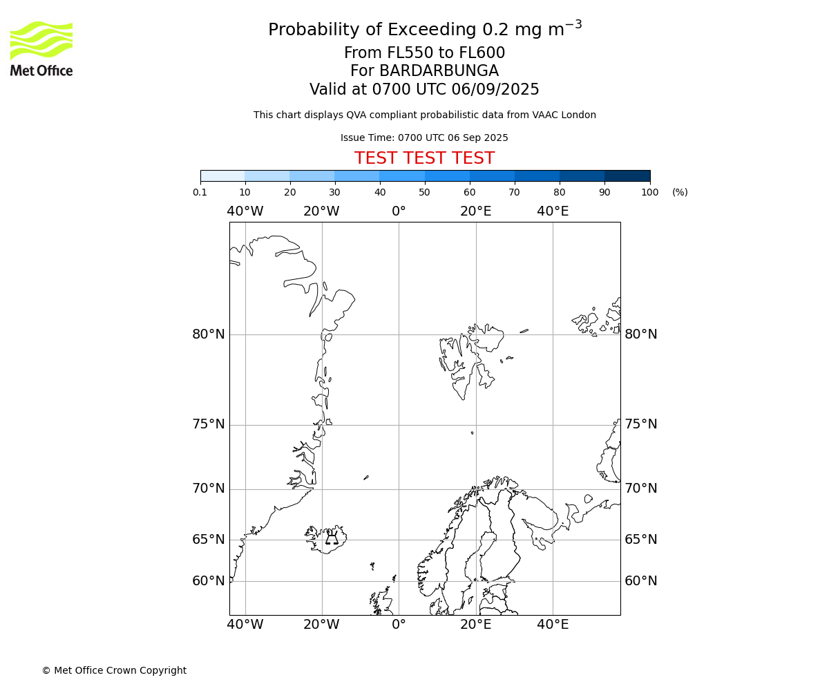 Probability of exceeding 0.2 milligrams per metre cubed. From 550 to 600 for BARDARBUNGA. Valid at 0700 UTC 06/09/2025
