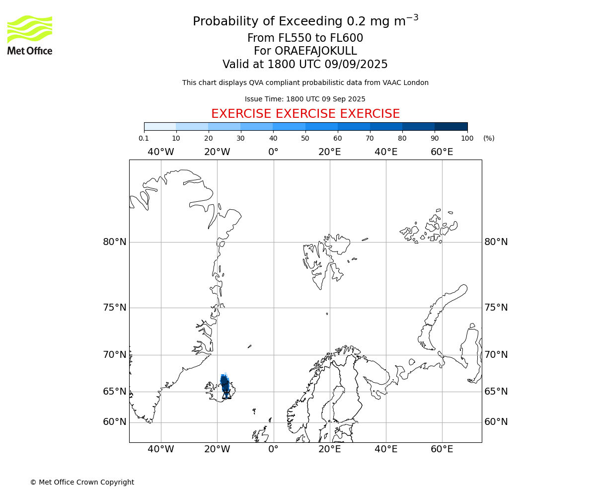 Probability of exceeding 0.2 milligrams per metre cubed. From 550 to 600 for ORAEFAJOKULL. Valid at 1800 UTC 09/09/2025