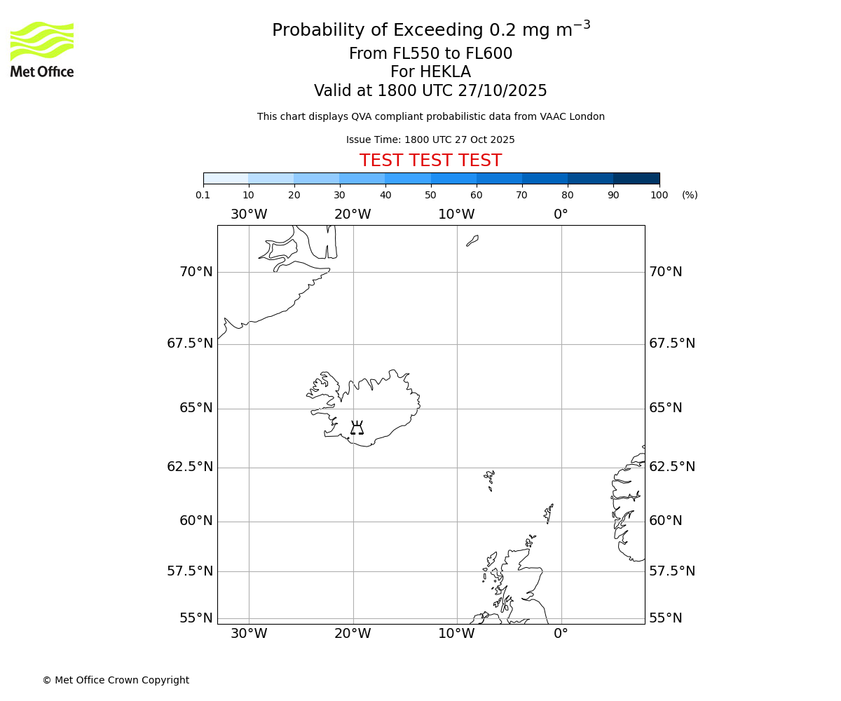 Probability of exceeding 0.2 milligrams per metre cubed. From 550 to 600 for HEKLA. Valid at 1800 UTC 27/10/2025