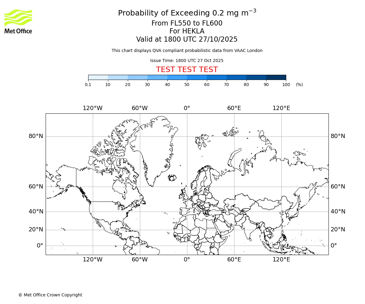Probability of exceeding 0.2 milligrams per metre cubed. From 550 to 600 for HEKLA. Valid at 1800 UTC 27/10/2025