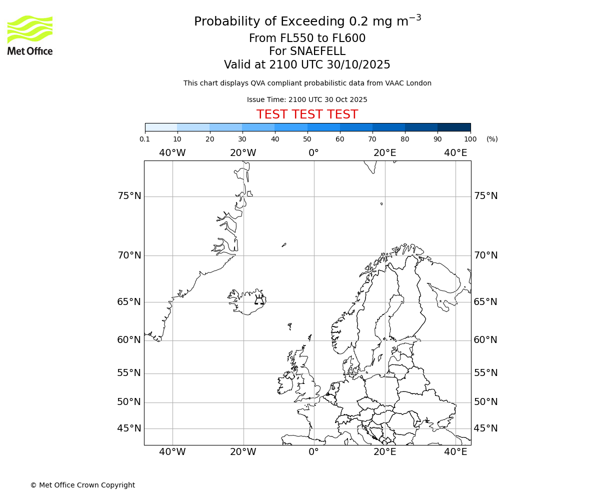 Probability of exceeding 0.2 milligrams per metre cubed. From 550 to 600 for SNAEFELL. Valid at 2100 UTC 30/10/2025