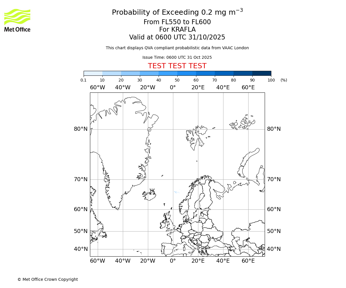 Probability of exceeding 0.2 milligrams per metre cubed. From 550 to 600 for KRAFLA. Valid at 0600 UTC 31/10/2025