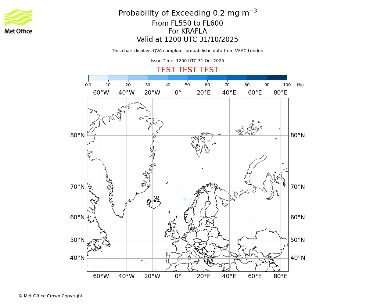 Probability of exceeding 0.2 milligrams per metre cubed. From 550 to 600 for KRAFLA. Valid at 1200 UTC 31/10/2025