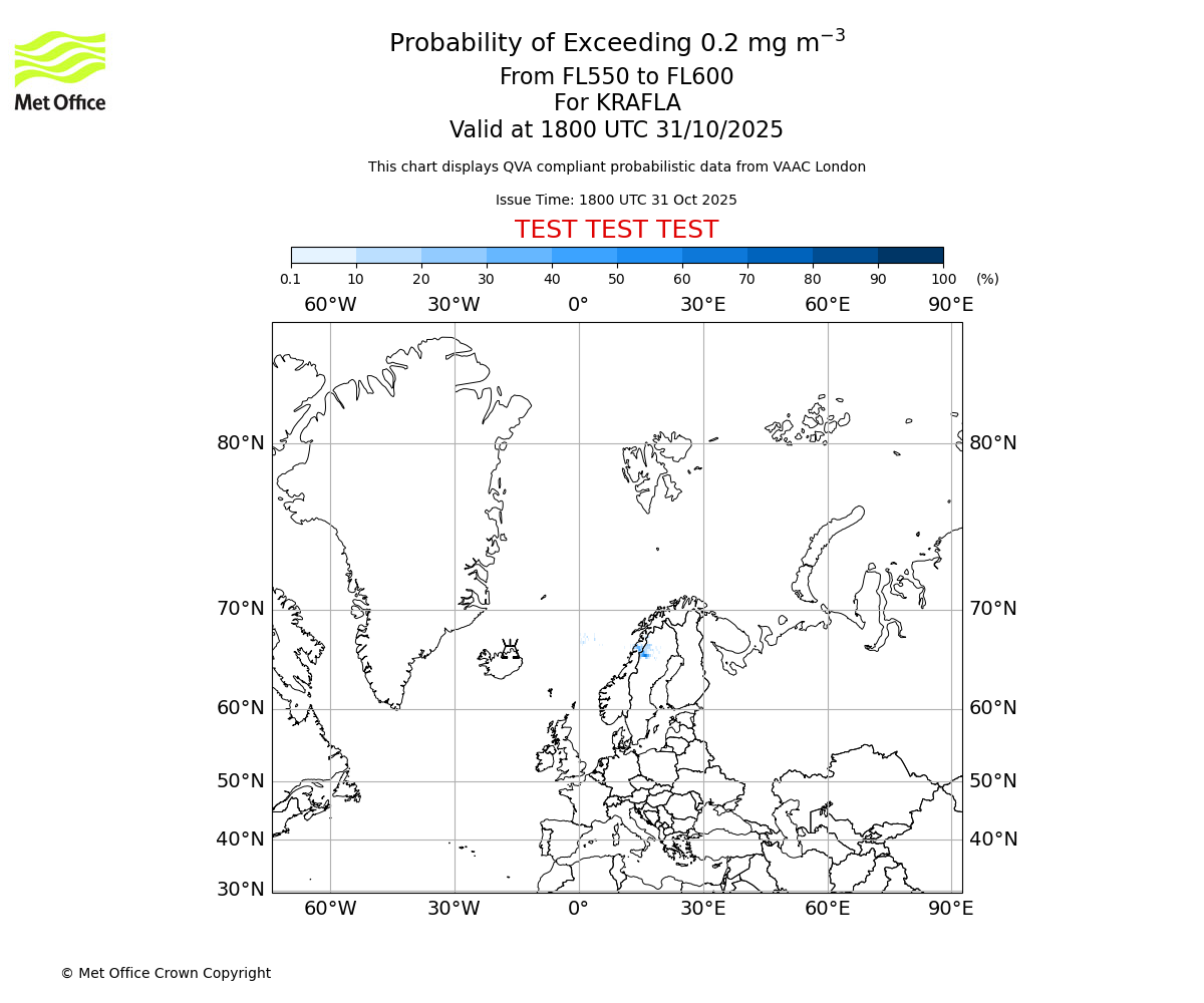 Probability of exceeding 0.2 milligrams per metre cubed. From 550 to 600 for KRAFLA. Valid at 1800 UTC 31/10/2025