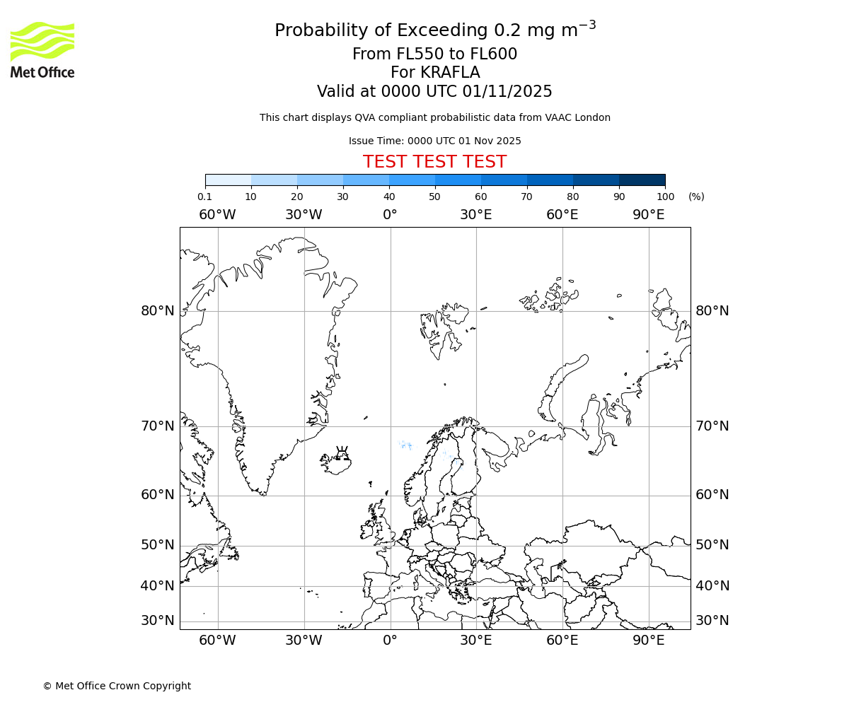Probability of exceeding 0.2 milligrams per metre cubed. From 550 to 600 for KRAFLA. Valid at 0000 UTC 01/11/2025