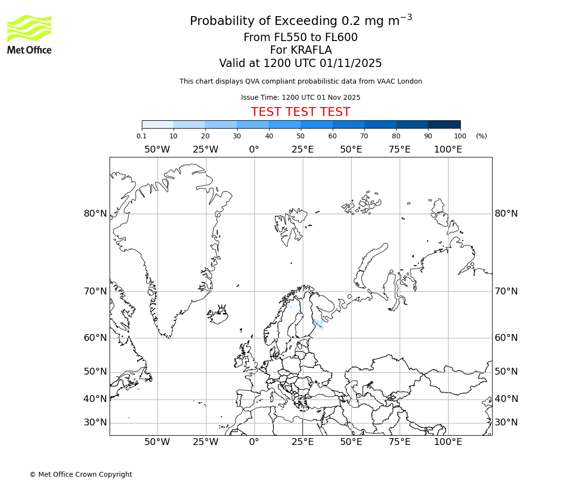 Probability of exceeding 0.2 milligrams per metre cubed. From 550 to 600 for KRAFLA. Valid at 1200 UTC 01/11/2025