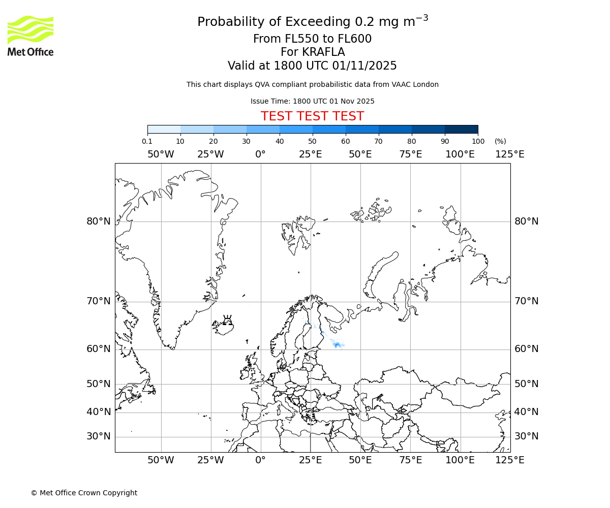 Probability of exceeding 0.2 milligrams per metre cubed. From 550 to 600 for KRAFLA. Valid at 1800 UTC 01/11/2025