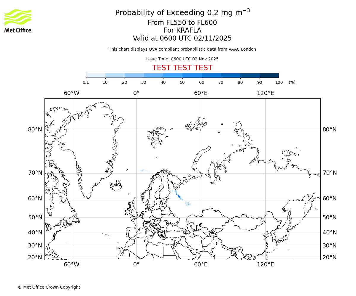 Probability of exceeding 0.2 milligrams per metre cubed. From 550 to 600 for KRAFLA. Valid at 0600 UTC 02/11/2025