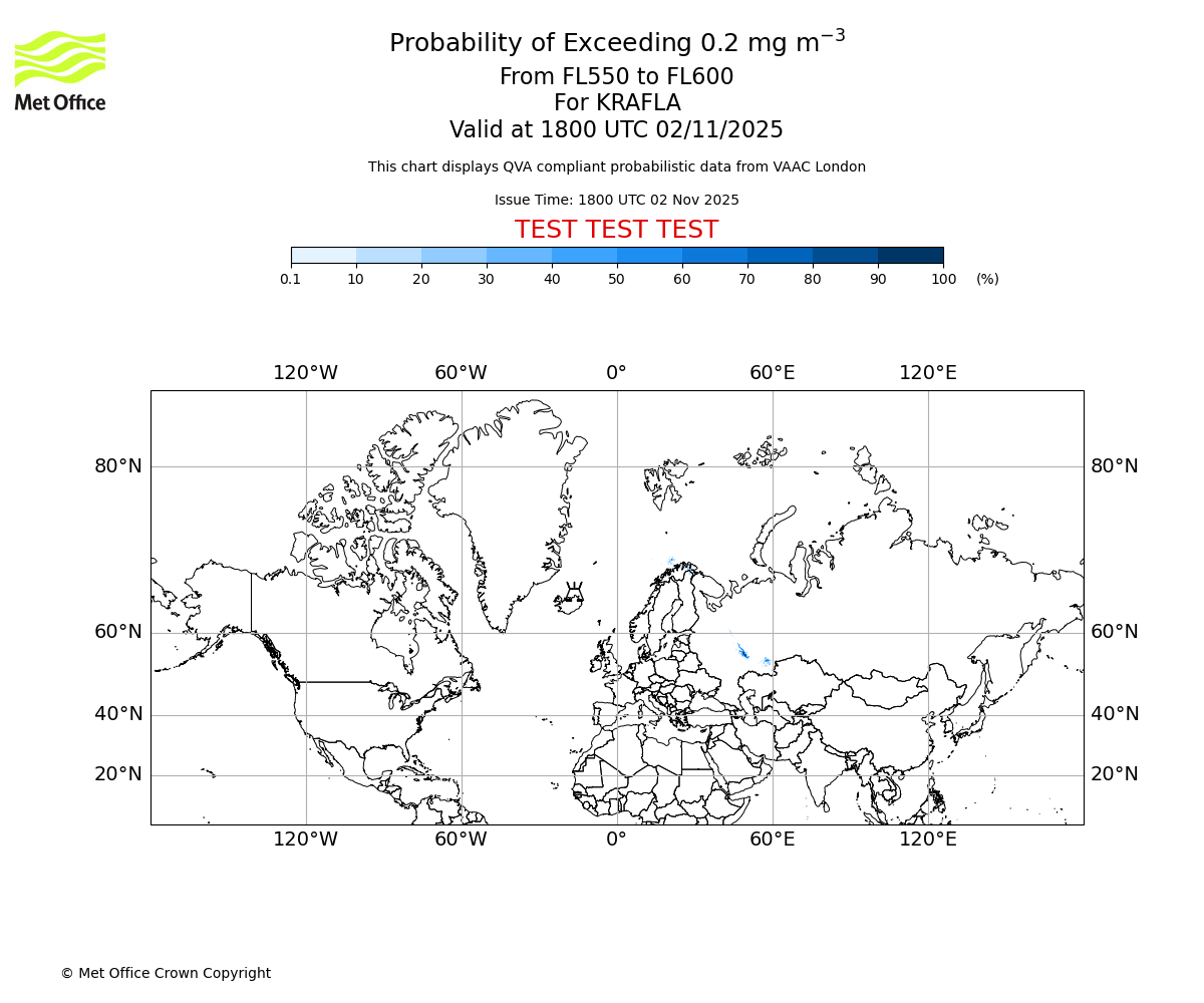 Probability of exceeding 0.2 milligrams per metre cubed. From 550 to 600 for KRAFLA. Valid at 1800 UTC 02/11/2025