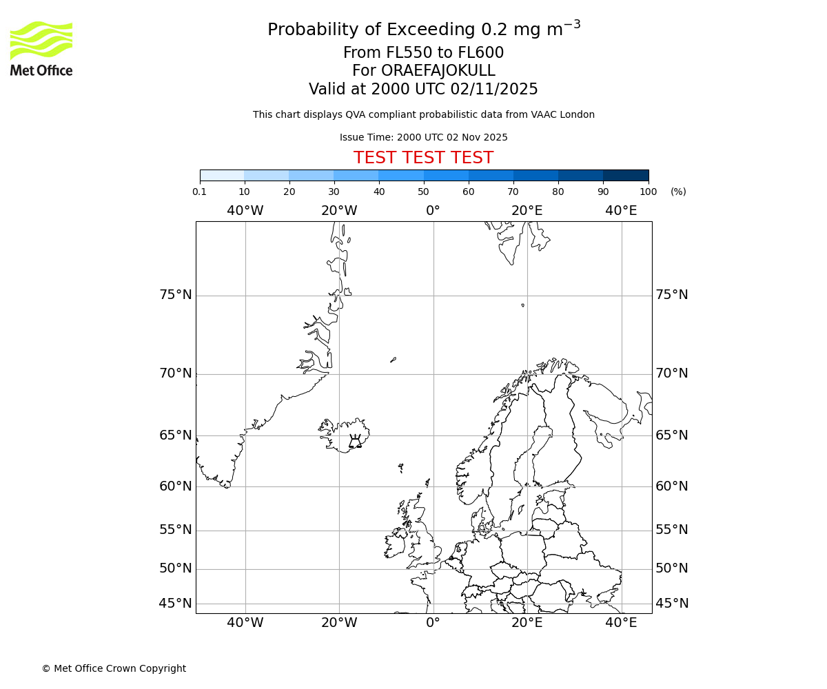 Probability of exceeding 0.2 milligrams per metre cubed. From 550 to 600 for ORAEFAJOKULL. Valid at 2000 UTC 02/11/2025