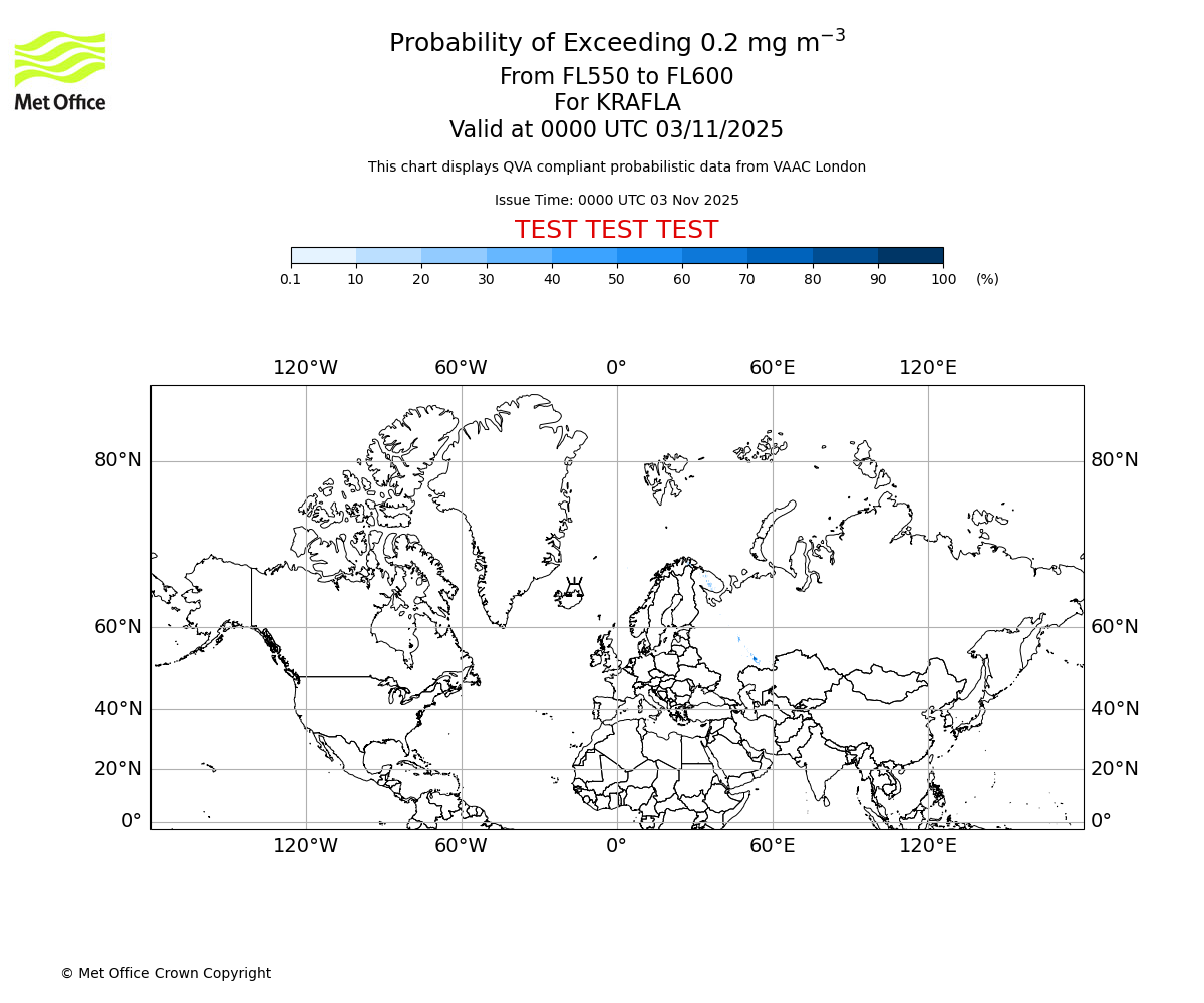 Probability of exceeding 0.2 milligrams per metre cubed. From 550 to 600 for KRAFLA. Valid at 0000 UTC 03/11/2025