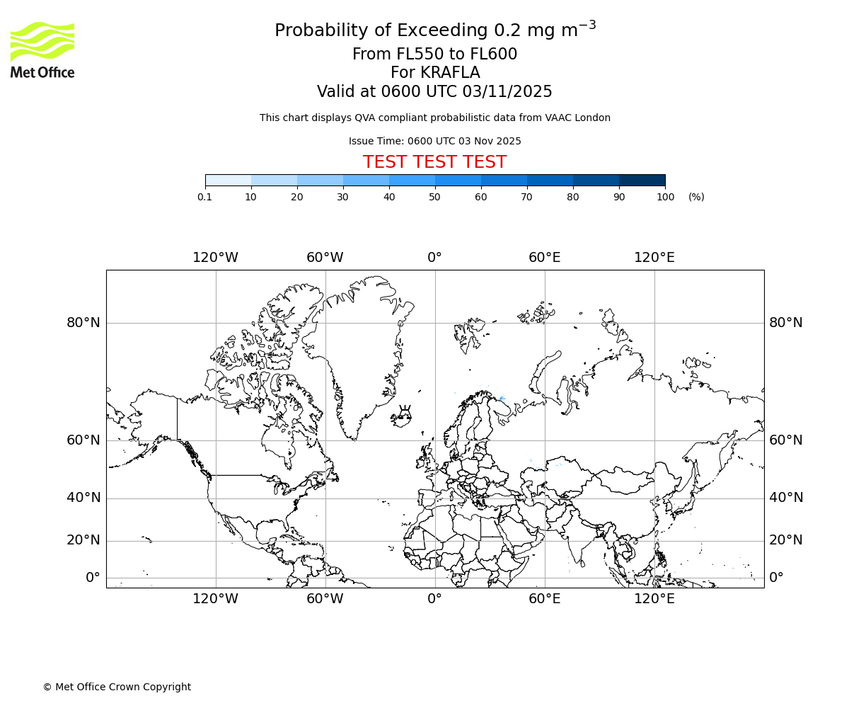 Probability of exceeding 0.2 milligrams per metre cubed. From 550 to 600 for KRAFLA. Valid at 0600 UTC 03/11/2025