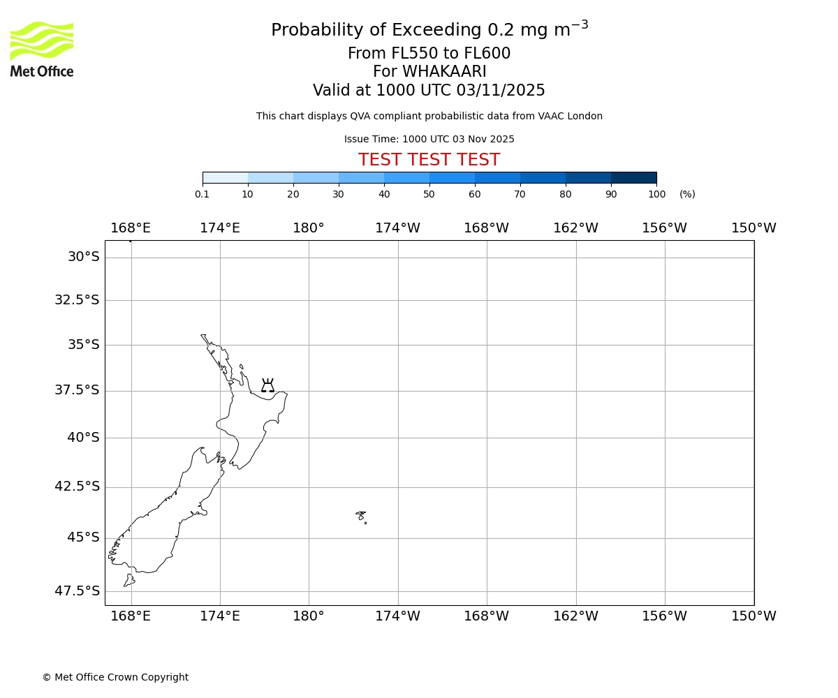 Probability of exceeding 0.2 milligrams per metre cubed. From 550 to 600 for WHAKAARI. Valid at 1000 UTC 03/11/2025