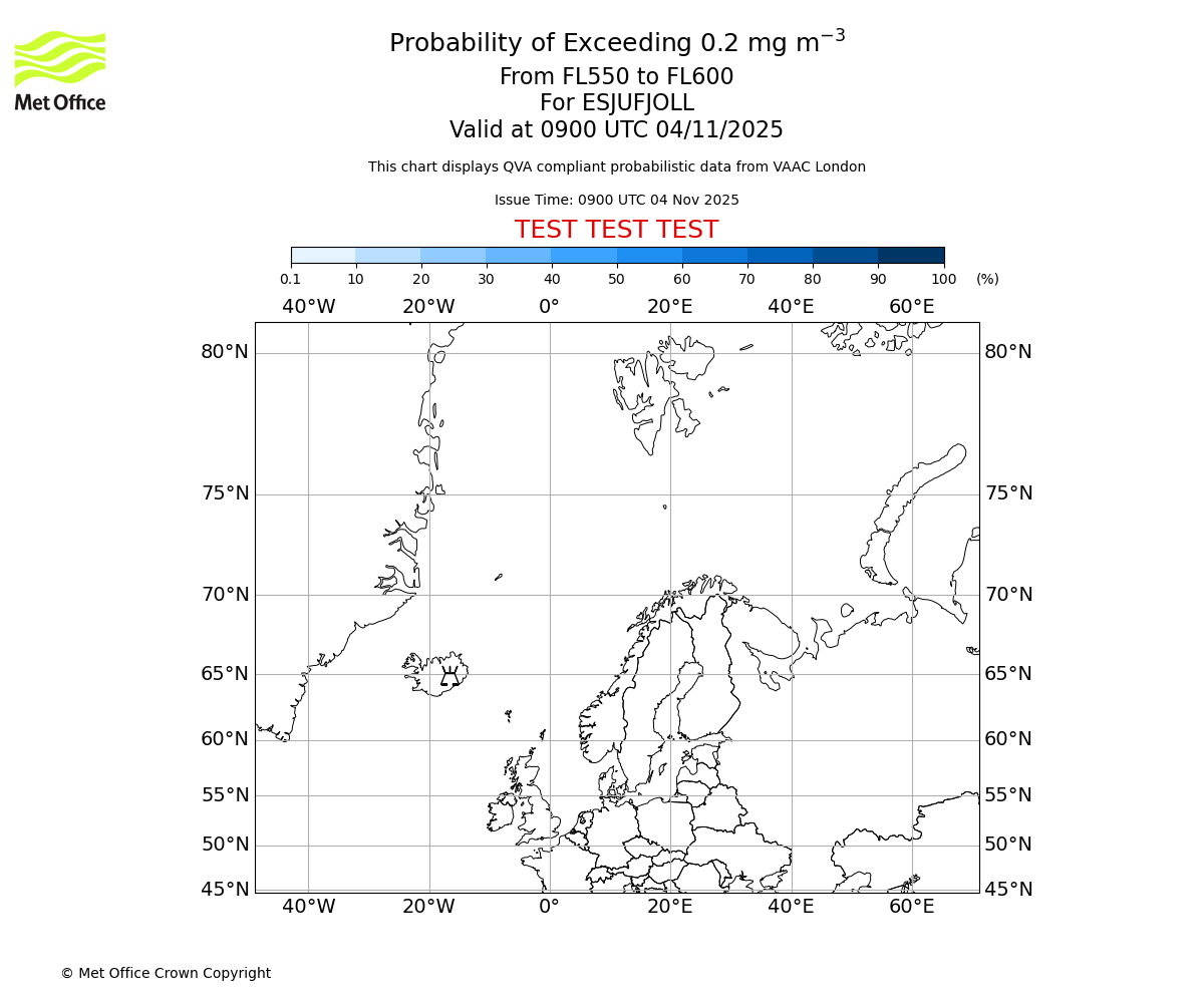 Probability of exceeding 0.2 milligrams per metre cubed. From 550 to 600 for ESJUFJOLL. Valid at 0900 UTC 04/11/2025